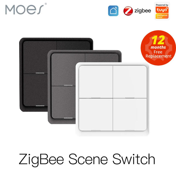 MOES 4 Gang Tuya ZigBee Wireless 12 Scene Switch Push Button Controller Battery Powered Automation Scenario